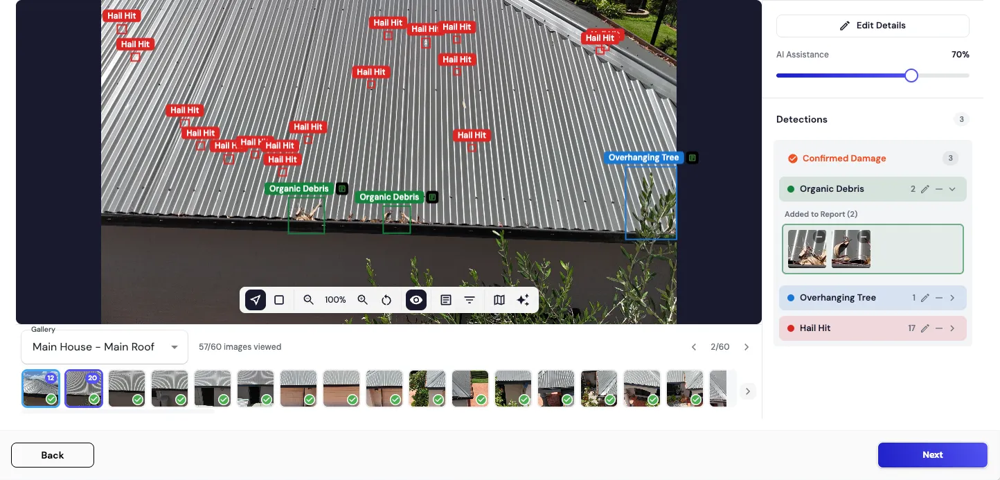 Live ARIS Detect damage detection screen with hail hit annotations