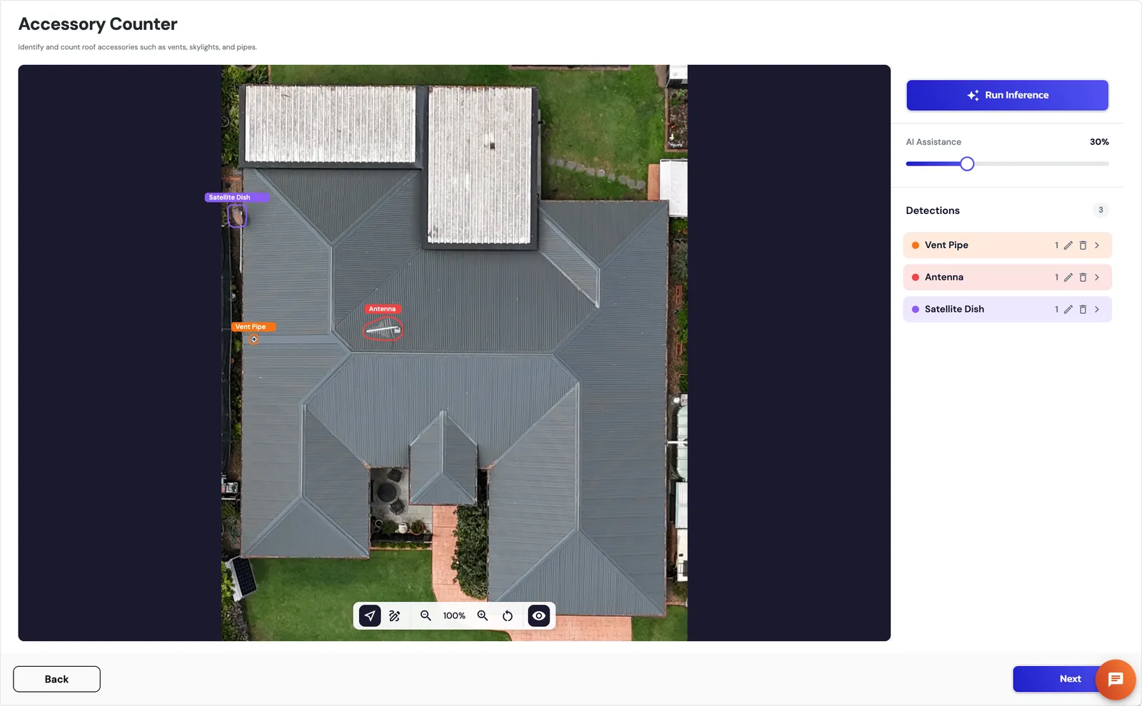 ARIS Detect accessory counting canvas showing satellite dish, vent pipes, and antenna identified on aerial roof imagery